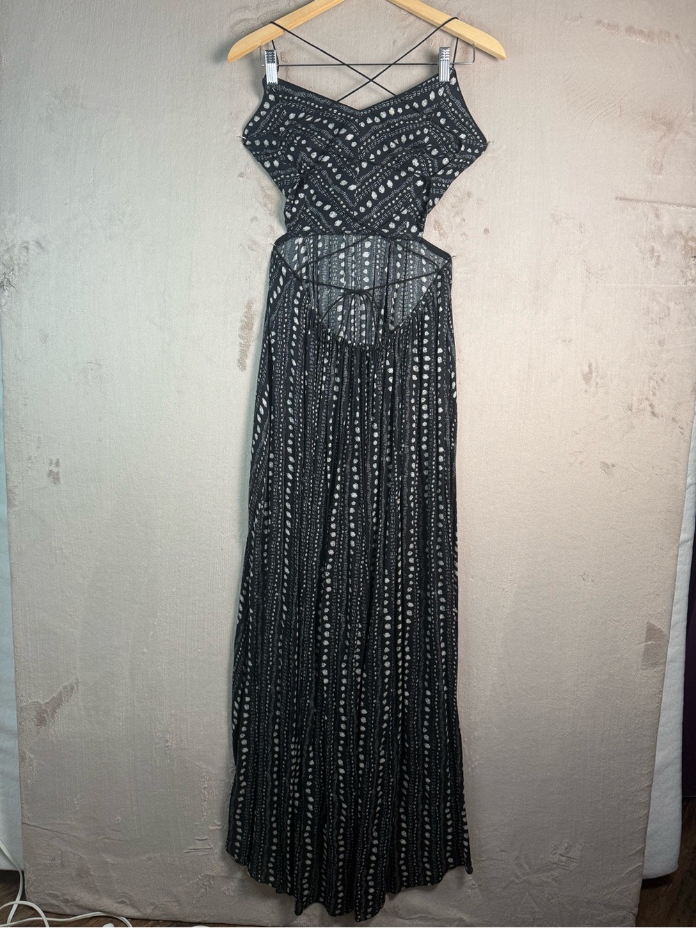 Ecote Cutout Lace Up Back Maxi Dress Boho Festival Black White L Hi Low Hem Boho